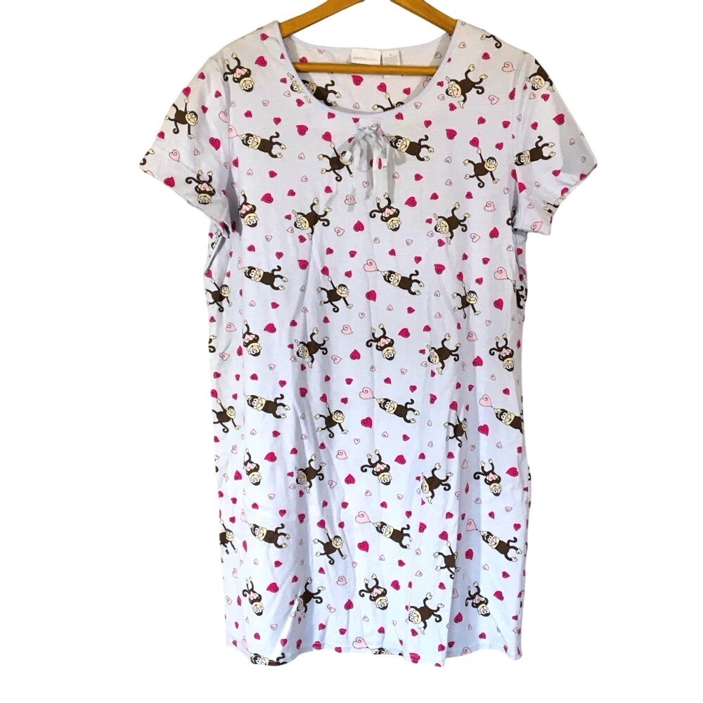 Parisian Intimates Monkey Heart Print Nightgown Sleep Shirt M Blue Pink‎